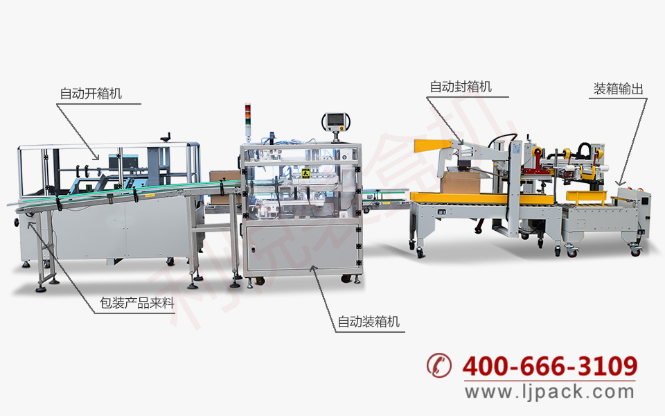 推入式開(kāi)箱裝箱封箱包裝生產(chǎn)線整體展示